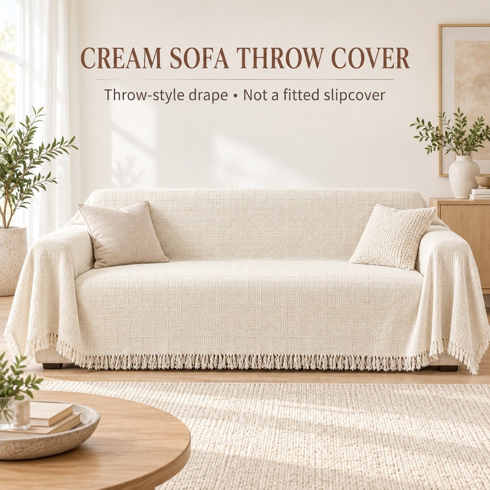 Cream Sofa Throw Cover Woven Grid Texture Fringe Edge Couch Protector Drape